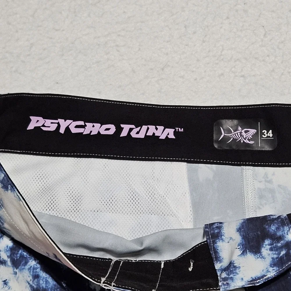 Psycho Tuna Mens Board Shorts Sz 34 Red‎ White Blue USA Surf Board Swim Trunks